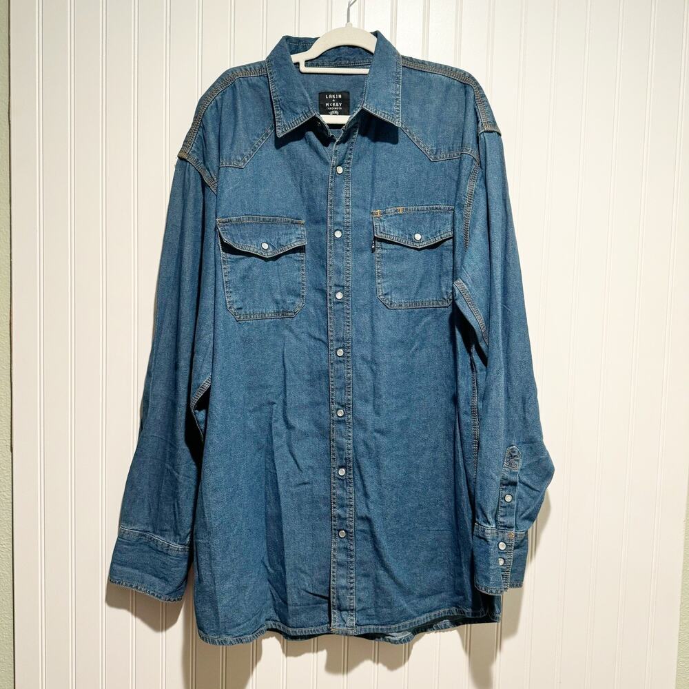 Lakin McKey Western Denim Shirt Pearl Snaps Mens Size XLTall - Picture 2 of 7